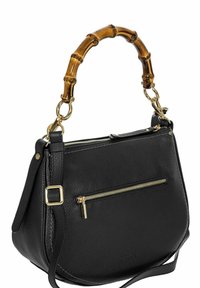 Sac à main en cuir noir avec une finition texturée, une poignée en bambou, des accessoires en or et une poche zippée à l'avant. Bandoulière réglable incluse.