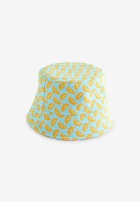 Bucket hat made of lightweight fabric, featuring a blue background with a repeating pattern of yellow lemon slices.