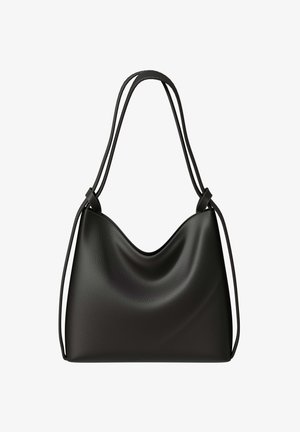 Schwarze Leder-Schultertasche mit weichem, schlaffem Körper und doppelten dünnen Riemen, die oben zusammengebunden sind, vor weißem Hintergrund.