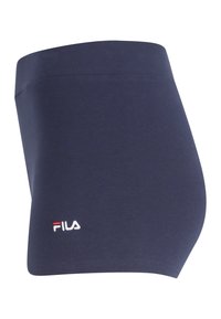 Marineblauwe katoenen shorts met een elastische tailleband, voorzien van een witte geborduurde logo aan de voorkant links. Soepele textuur en aansluitende pasvorm.
