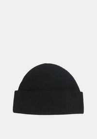 Berretto in maglia nera con una texture a coste, dotato di risvolto. Realizzato in tessuto morbido con un design a cupola aderente.
