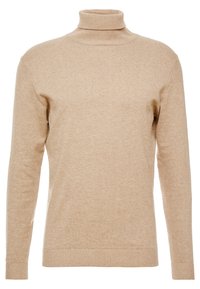 Beige långärmad polotröja med ribbad krage, ärmar och nederkant, tillverkad av mjukt stickat material.