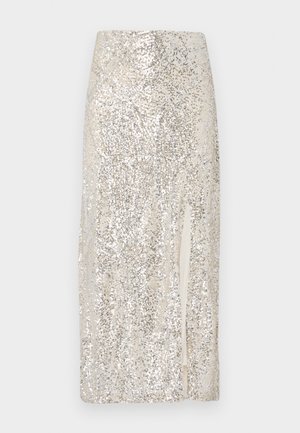 Gonna midi in crema decorata con paillettes, con uno spacco su un lato. Presenta una texture liscia e una silhouette aderente.