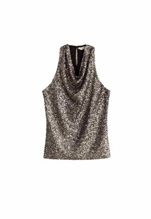 Ärmeloses silbernes Pailletten-Halstop mit drapiertem Ausschnitt und kleinem Rückenschlitz.