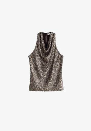 Ärmeloses silbernes Pailletten-Halstop mit drapiertem Ausschnitt und kleinem Rückenschlitz.