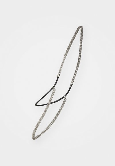 Chain sunglasses strap featuring alternating metal and black elastic sections, designed for securing eyewear. Textured silver finish.