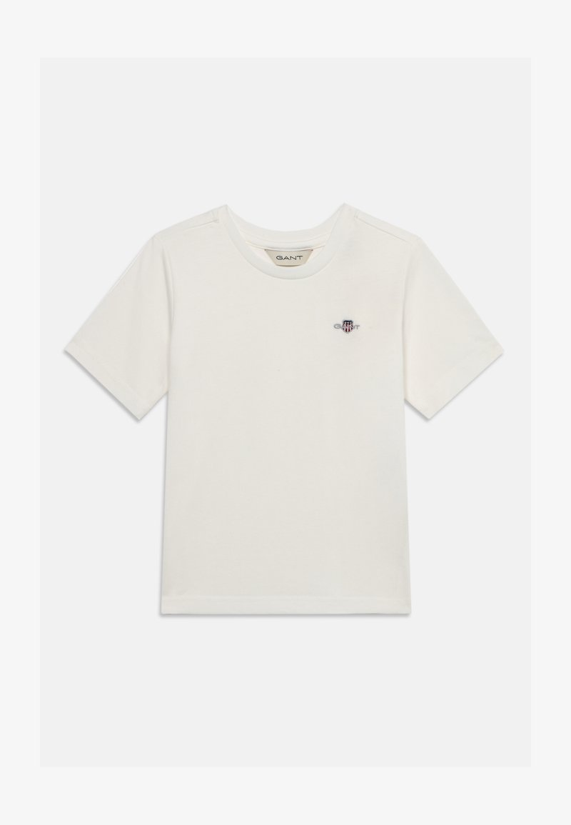 T-shirt blanc à manches courtes avec col rond et petit logo brodé sur la poitrine gauche, présenté sur un fond uni.