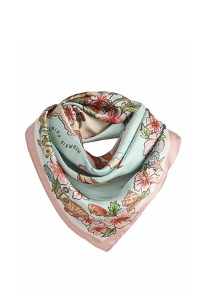 Square silk scarf with pastel blue and pink tones, decorated with seashells, fish, starfish, anchors, and pink hibiscus flowers.