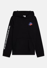 Black hooded sweatshirt made of soft fabric, featuring a front pocket, blue and red Nike logo on chest, and white text along the sleeve.