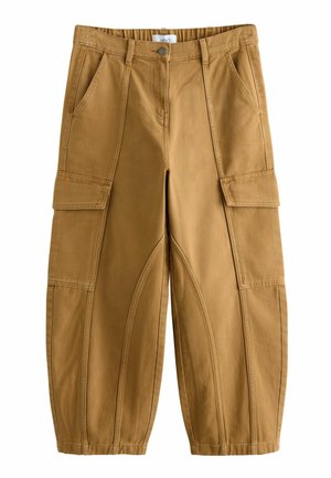 Brown cargo pants with front pockets, flap side pockets, belt loops, button closure, and visible seam detailing on legs.