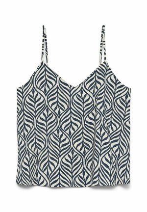 Haut sans manches pour femme avec un motif abstrait de feuilles bleu marine et blanc, fines bretelles ajustables et décolleté en V.