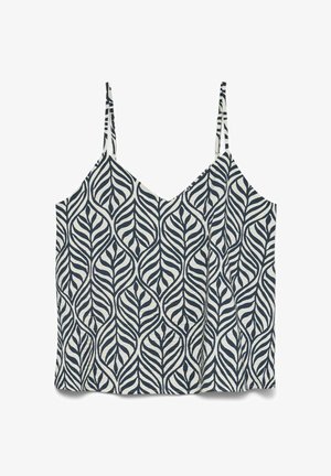 Haut sans manches pour femme avec un motif abstrait de feuilles bleu marine et blanc, fines bretelles ajustables et décolleté en V.