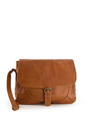 Brown leather messenger bag with a flap closure, adjustable strap, and a metallic buckle. Features soft texture and rounded edges.
