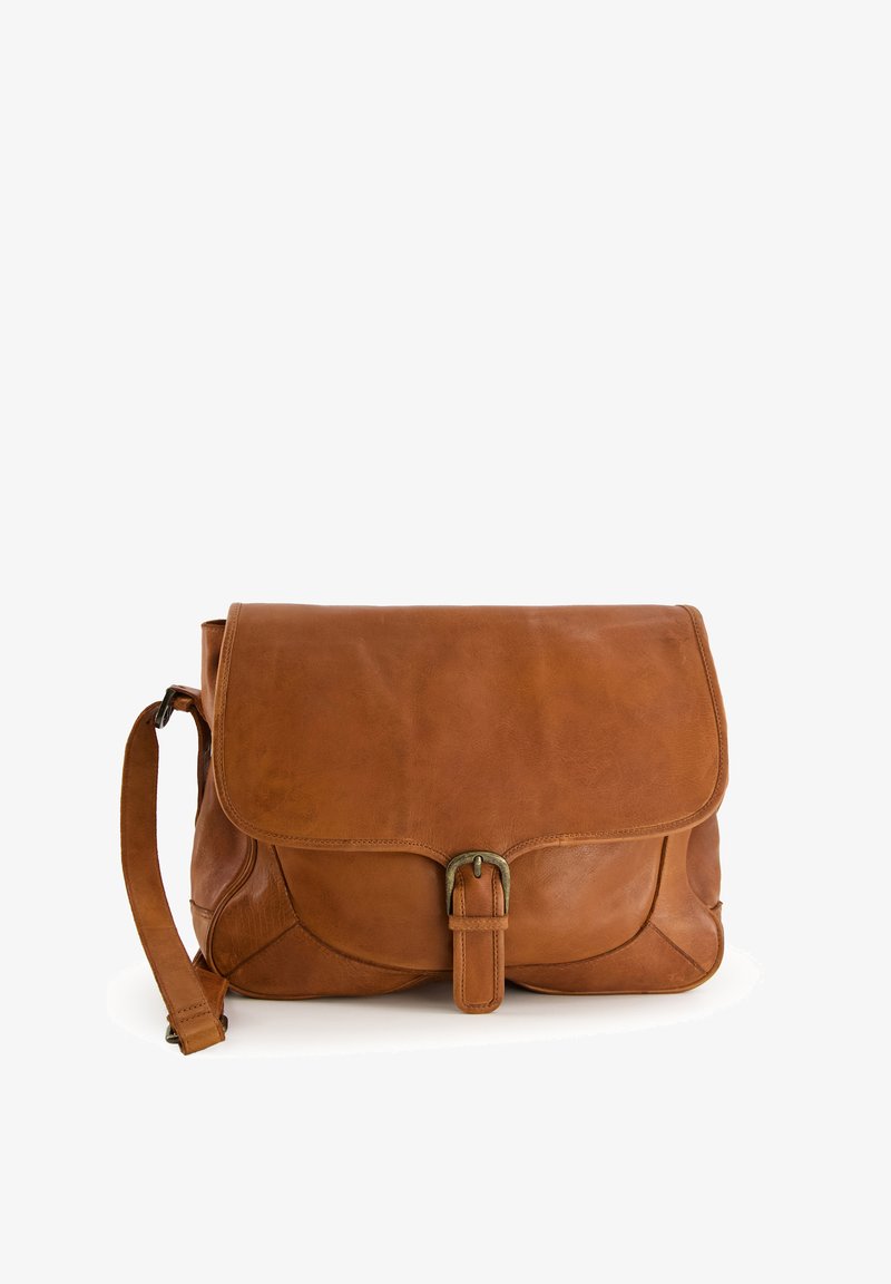 Brown leather messenger bag with a flap closure, adjustable strap, and a metallic buckle. Features soft texture and rounded edges.