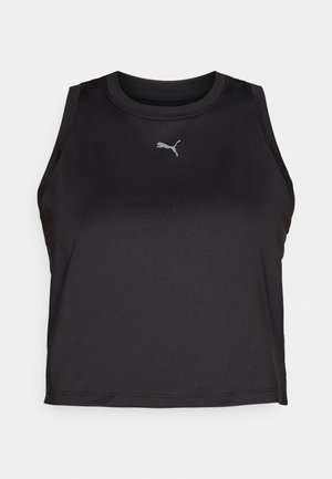 Crni bezrukavni atletski crop top napravljen od glatkog materijala, s okruglim izrezom i malim srebrnim Puma logotipom na prsima.