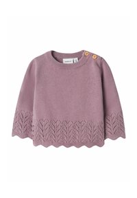 Maglione a lavorazione a maglia di color viola chiaro con orlo a scallop, dettaglio in pizzo a motivo foglia e due bottoni in legno sulla spalla.