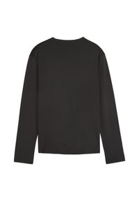 Maglietta nera a maniche lunghe con scollatura rotonda, realizzata in tessuto liscio e elasticizzato, caratterizzata da un design semplice e priva di ulteriori dettagli.