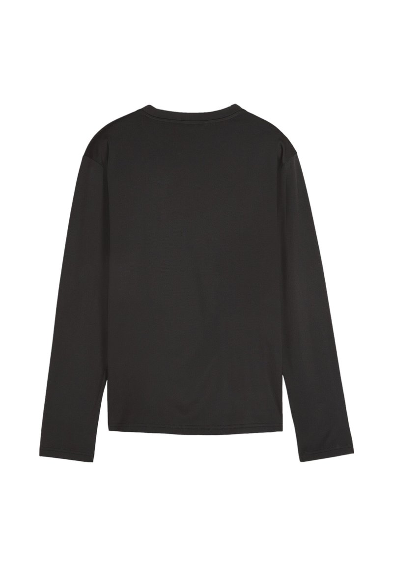 Schwarzes Langarmshirt mit Rundhalsausschnitt, aus glattem, elastischem Stoff, mit einem schlichten Design und ohne zusätzliche Akzente.