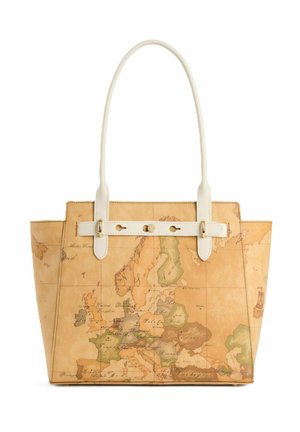 Borsa tote color cuoio con manici bianchi, caratterizzata da una mappa vintage dell'Europa stampata sulla superficie.