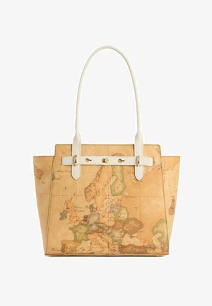 Borsa tote color cuoio con manici bianchi, caratterizzata da una mappa vintage dell'Europa stampata sulla superficie.