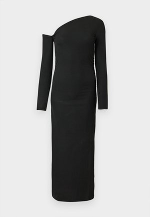 Abito nero attillato a maniche lunghe con scollatura asimmetrica e dettaglio arricciato sul lato, realizzato in tessuto a costine.