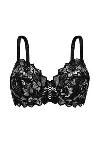 Sost�én de encaje negro con patrones florales, copas acolchadas, tirantes ajustables y un detalle de encaje en la parte delantera. Tela de encaje texturizada y bordes festoneados.
