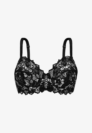 Reggiseno in pizzo nero con motivi floreali, coppe imbottite, spalline regolabili e un dettaglio anteriore con laccio. Tessuto in pizzo testurizzato e bordi smerlati.