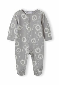 Siva bombažna enodelna obleka z dolgimi rokavi, ki vsebuje ponavljajoč se vzorec levov v svetlo bež barvi. Zapiranje na zadrgo ob sprednji strani.