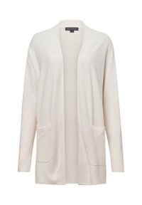 Langarm, open voorkant cardigan in zachte crèmekleurige stof. Ribbeltextuur met twee voorzakken. Casuale, relaxte pasvorm en lichtgewicht ontwerp.