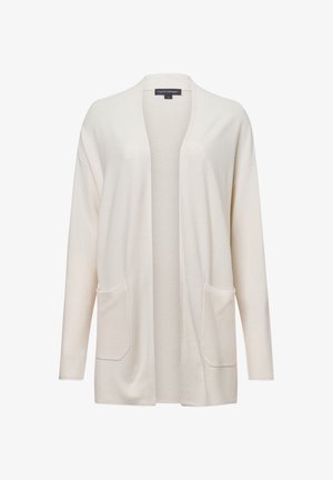 Langärmlige, offen-frontige Strickjacke aus weichem Creme-Stoff. Rippstruktur mit zwei vorderen Taschen. Lässiger, lockerer Schnitt und leichtes Design.