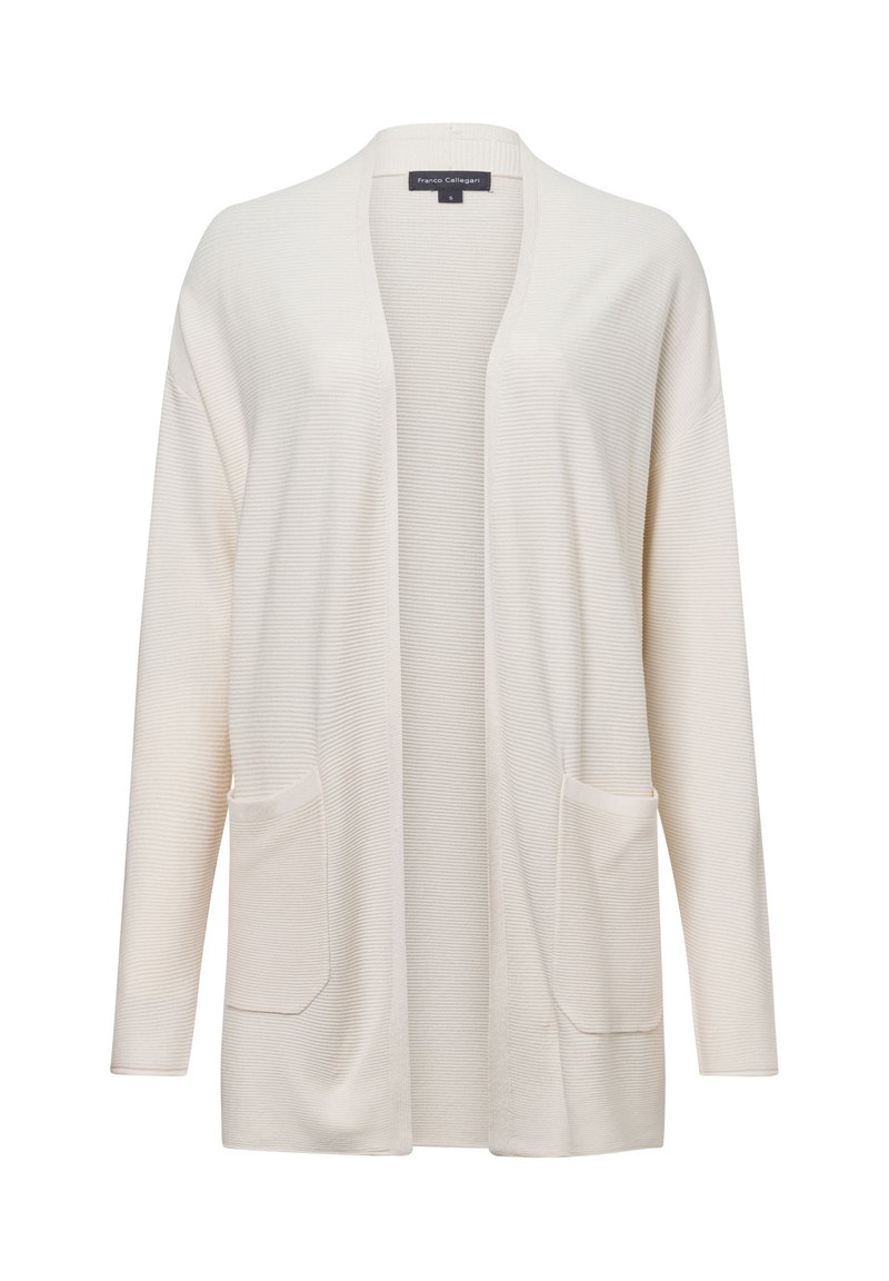 Langarm, open voorkant cardigan in zachte crèmekleurige stof. Ribbeltextuur met twee voorzakken. Casuale, relaxte pasvorm en lichtgewicht ontwerp.