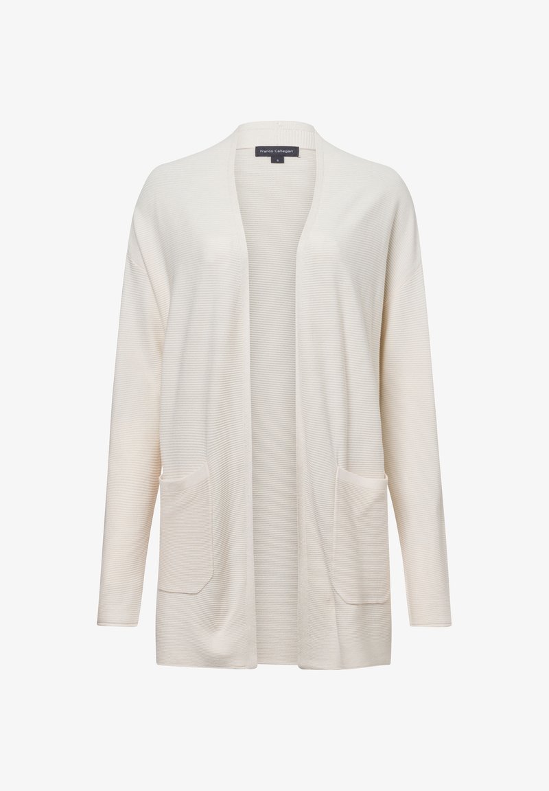 Langarm, open voorkant cardigan in zachte crèmekleurige stof. Ribbeltextuur met twee voorzakken. Casuale, relaxte pasvorm en lichtgewicht ontwerp.