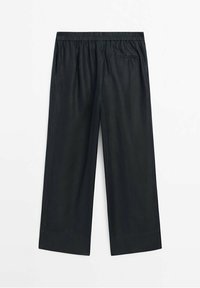 Pantalons noirs à jambes larges avec une taille élastique. Dotés d'une poche arrière et d'une texture lisse. Conviennent pour une tenue décontractée ou pour se détendre.