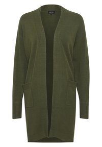 Cardigan vert olive en matériau doux, design ouvert sur le devant, poignets côtes, et deux poches avant. Léger avec une coupe décontractée.