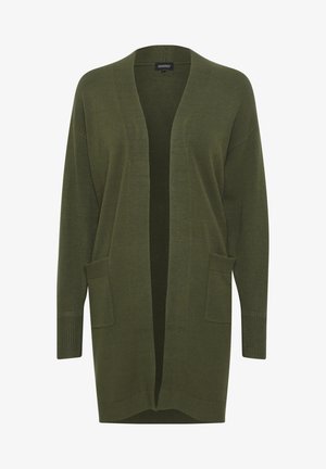 Olijf groene cardigan gemaakt van zacht materiaal, met een open voorkant, geribbelde manchetten en twee voorzakken. Lichtgewicht met een relaxte pasvorm.