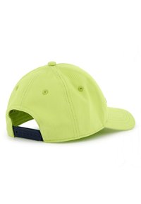 Neon sárga baseball sapka struktúrált koronával, ívelt karimával és állítható sötétkék műanyag pánttal a hátsó részen. Texturált anyag, szellőző lyukakkal.