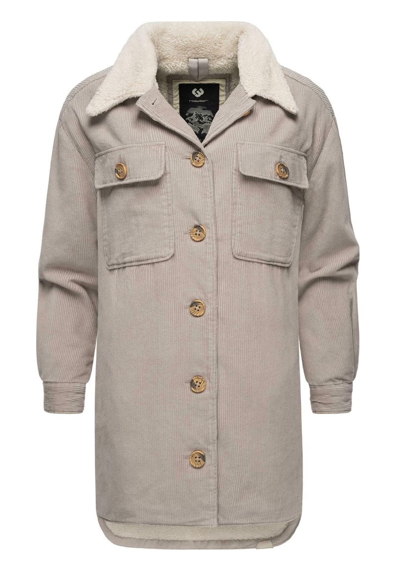Kordjacka i ljusbeige med en mjuk, krämfärgad faux shearling-krage, sex knappar och två framfickor. Långa ärmar, skjortstil.