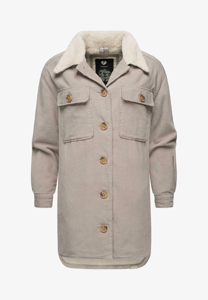 Corduroy jacket in light beige with a soft, cream-colored faux shearling collar, six buttons, and two front pockets. Long sleeves, shirt-style design.