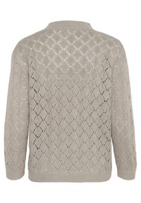 Maglione grigio chiaro lavorato a maglia con motivo a rombi, colletto e polsini a costine, e una finitura testurizzata sul retro.