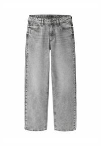 Sive jeans z ravnim krojem, z gumbom in zadrgo, petimi žepi in osenčenim videzom.