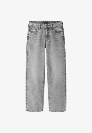 Jeans de denim gris con un diseño de pierna recta, que cuentan con un cierre de botón y cremallera, cinco bolsillos y un acabado deslavado.