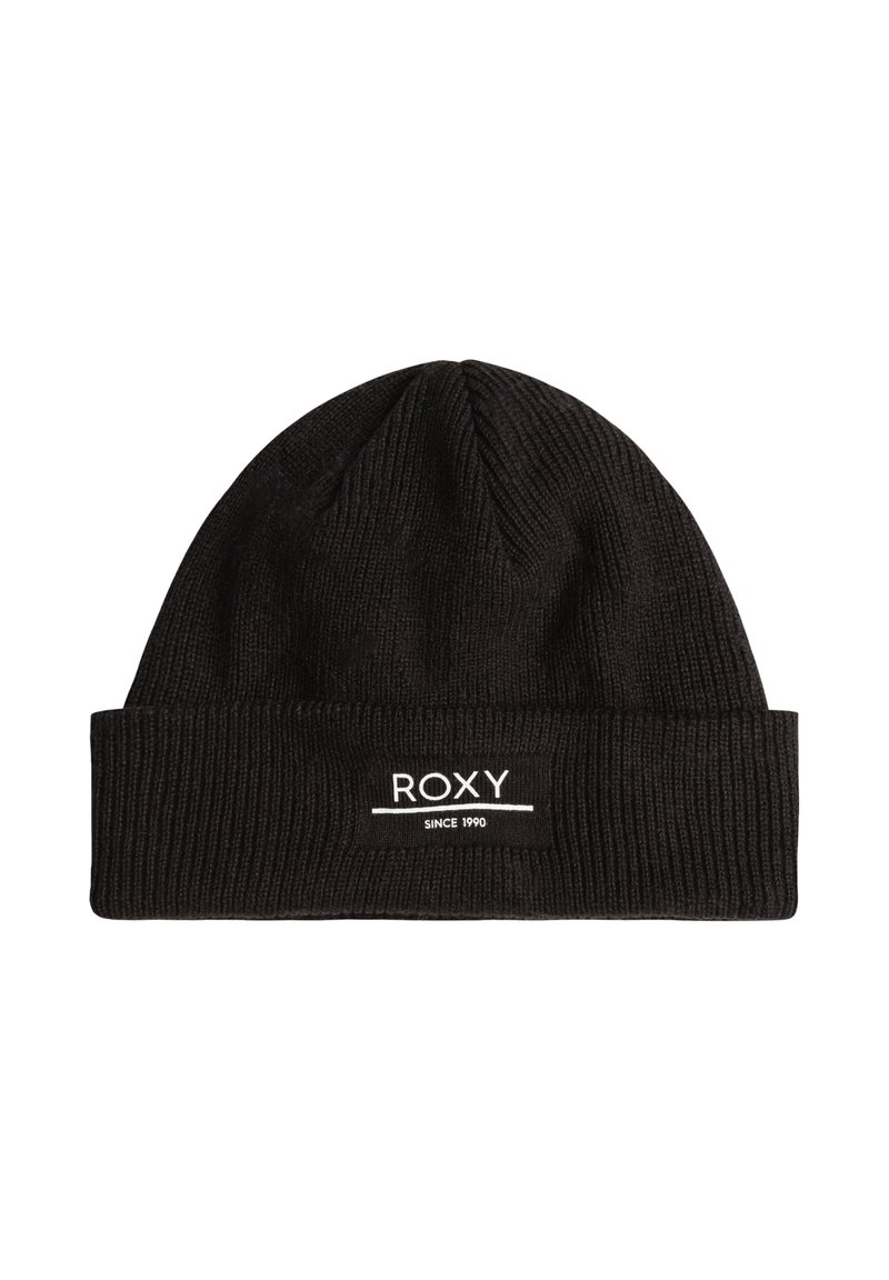 Bonnet en tricot noir avec un revers, arborant un logo "ROXY" blanc et le texte "SINCE 1990" sur un patch rectangulaire. Texture douce, design côtelé.