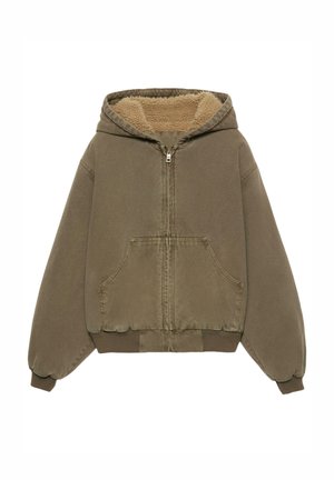 Jachetă cu glugă în nuanță verde măsliniu pal, cu închidere cu fermoar, buzunare frontale și căptușeală moale din fleece, mâneci și tiv cu rib.