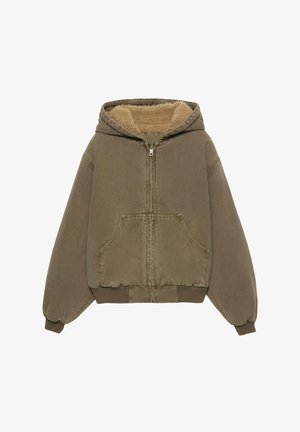 Jachetă cu glugă în nuanță verde măsliniu pal, cu închidere cu fermoar, buzunare frontale și căptușeală moale din fleece, mâneci și tiv cu rib.