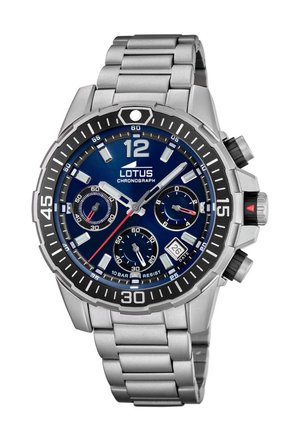 Silver stainless steel chronograph watch with a blue dial, large numerals at 12, and red accents. Features subdials and date display.
