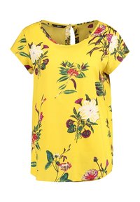 Blouse jaune à manches courtes avec un motif floral en rose, blanc et vert. Le modèle présente une ouverture en forme de goutte dans le dos et une coupe décontractée.