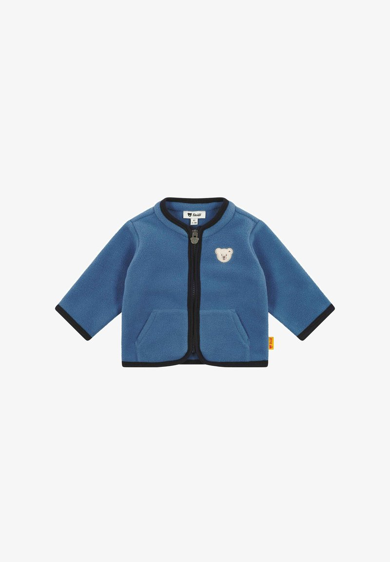Blue fleece jacket with long sleeves, black trim, an embroidered bear on the left chest, and two front pockets. Zipper closure at front.