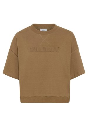Sudadera corta marrón con mangas cortas, cuello redondo acanalado y la palabra "WILDLIFE" en relieve en el frente.