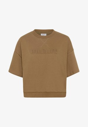 Sudadera corta marrón con mangas cortas, cuello redondo acanalado y la palabra "WILDLIFE" en relieve en el frente.