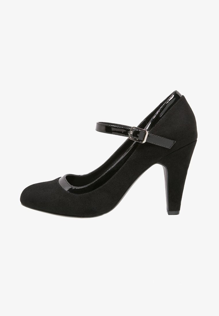 Talons hauts en cuir suédé noir avec un bout arrondi, des accents en cuir verni et une bride ajustable à la cheville. Le talon aiguille ajoute une touche d'élégance.